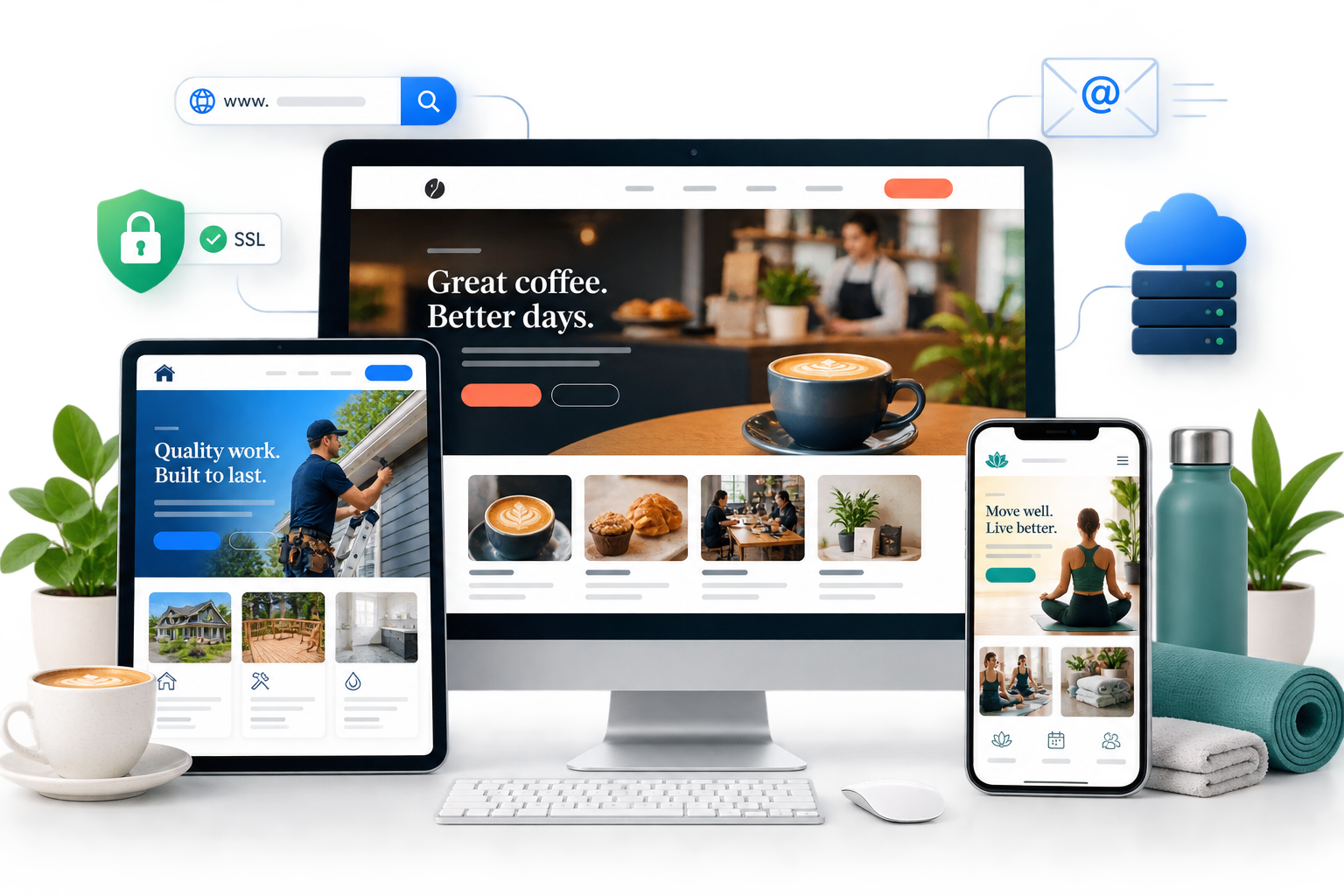 Small-business websites displayed across desktop, tablet, and mobile devices