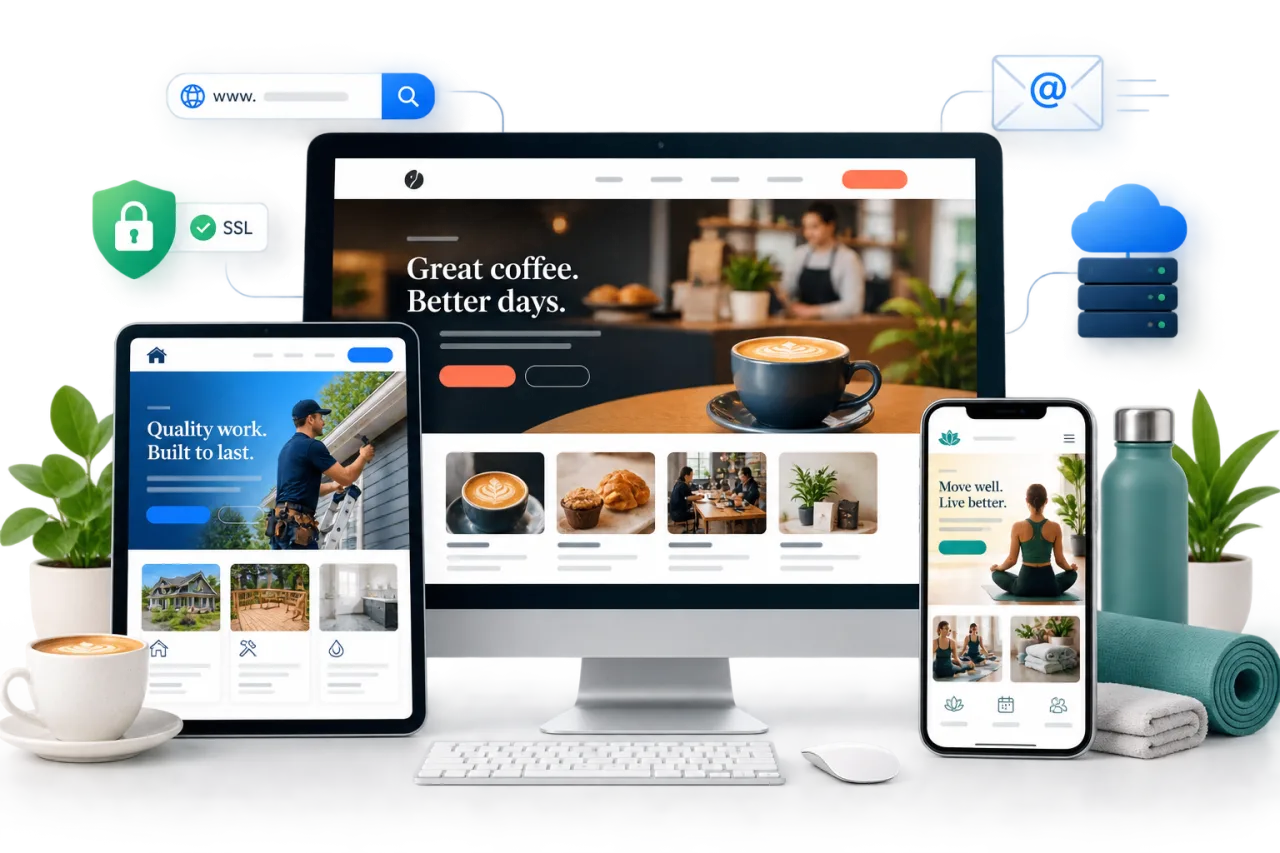 Small-business website concepts displayed on desktop, tablet, and mobile
