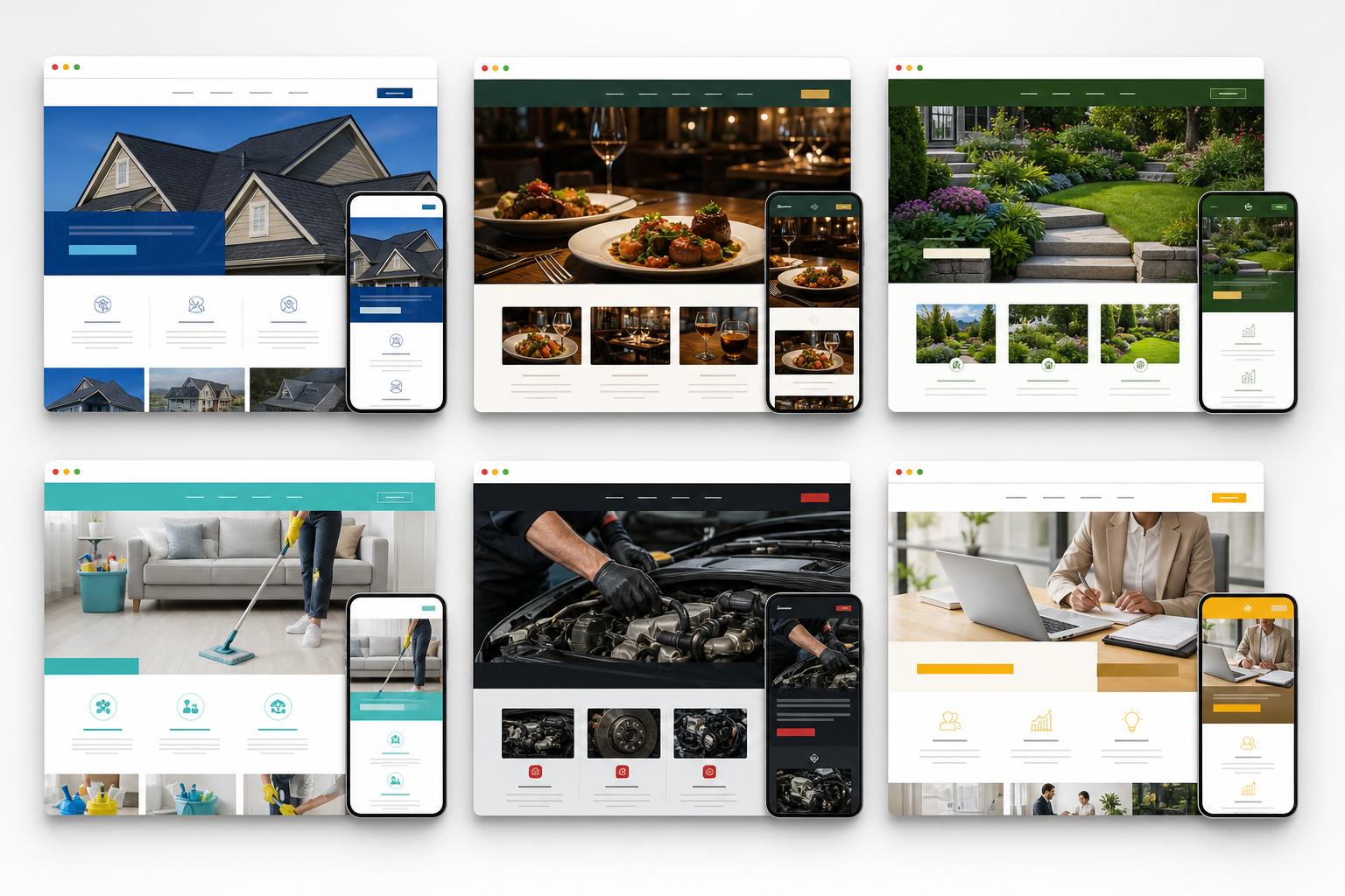 Website examples for roofing, restaurant, landscaping, cleaning, auto repair, and consulting businesses