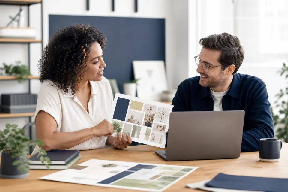 A small-business owner sharing her visual preferences with a web professional