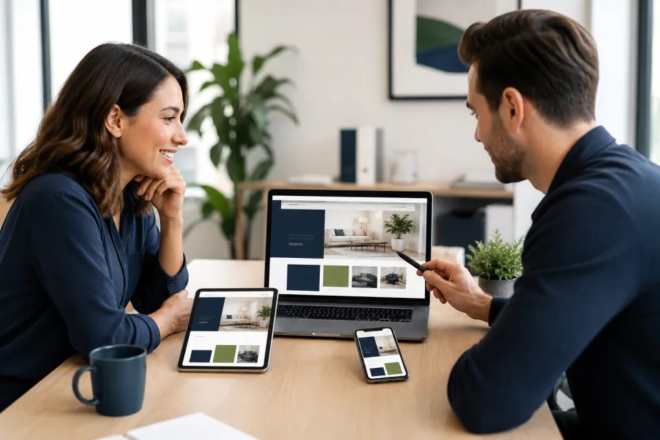 A business owner reviewing her new responsive website on multiple devices