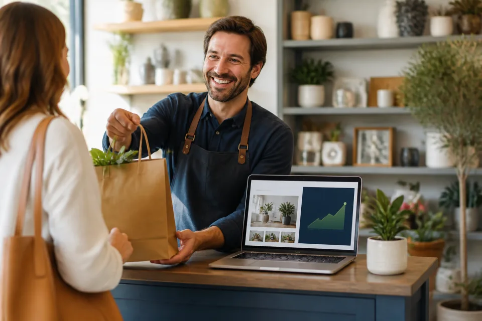 A local business owner serving a customer after launching his website