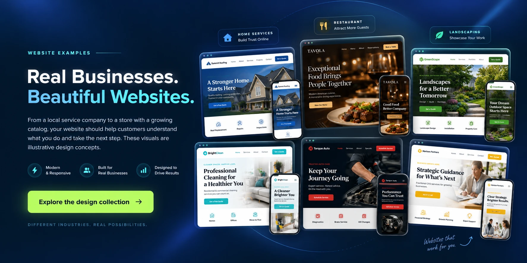 Illustrative home-service, restaurant, landscaping, cleaning, auto-repair, and consulting websites shown on desktop and mobile
