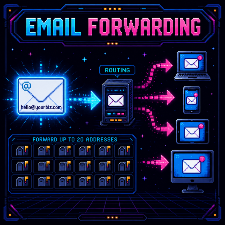 Pixel-art diagram showing email forwarding from a business address through routing to existing inboxes