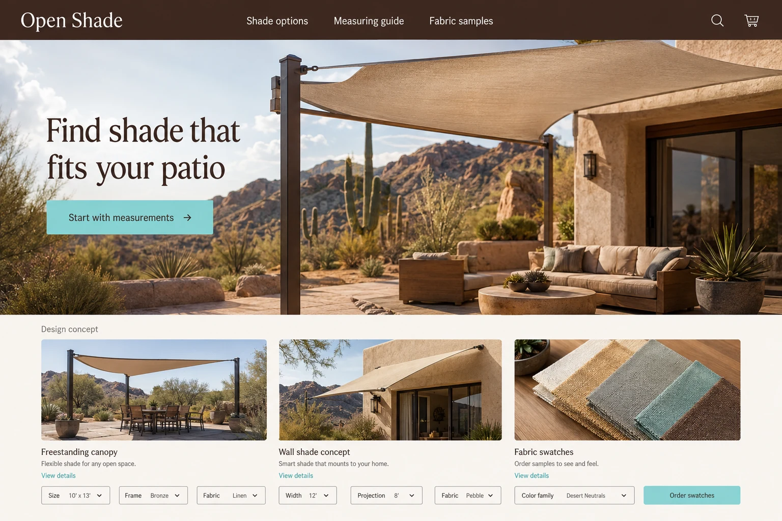 Arizona website concept: Find shade that fits your patio; call to action: Start with measurements