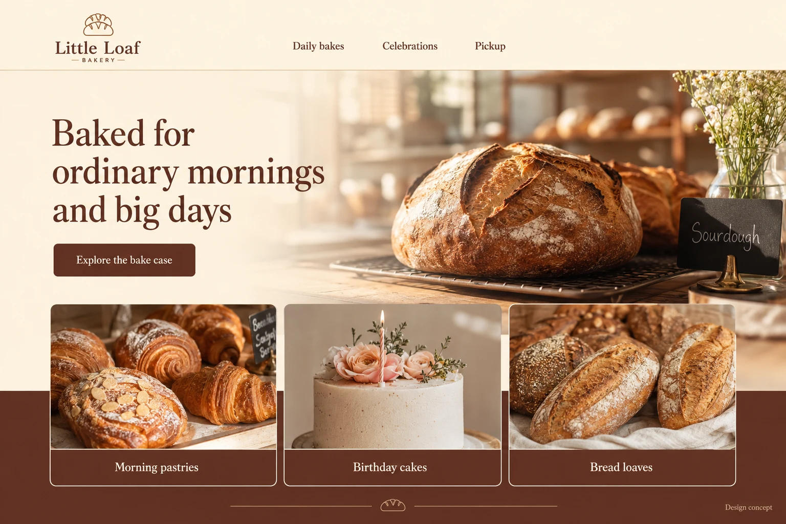 Bakery website concept: Baked for ordinary mornings and big days; call to action: Explore the bake case