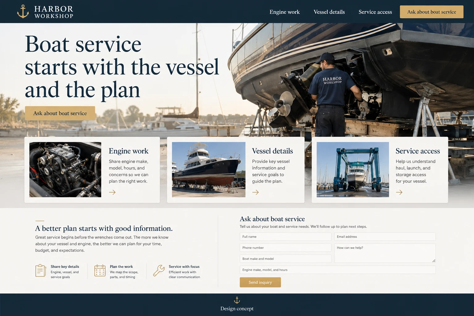 Boat Repair website concept: Boat service starts with the vessel and the plan; call to action: Ask about boat service