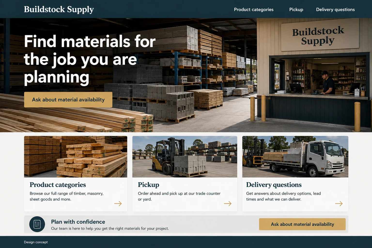 Building Materials Suppliers website concept: Find materials for the job you are planning; call to action: Ask about material availability