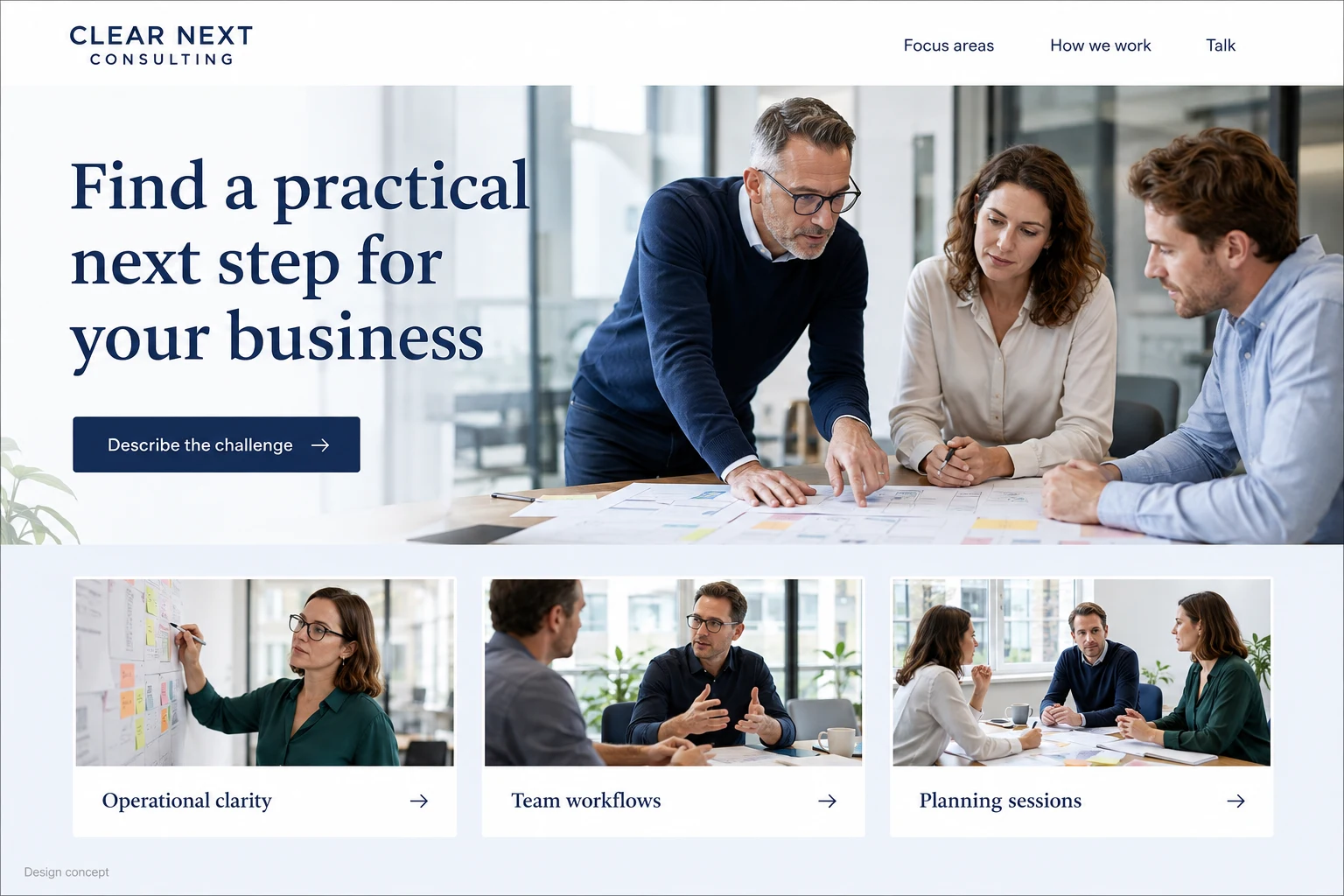 Business Consultant website concept: Find a practical next step for your business; call to action: Describe the challenge