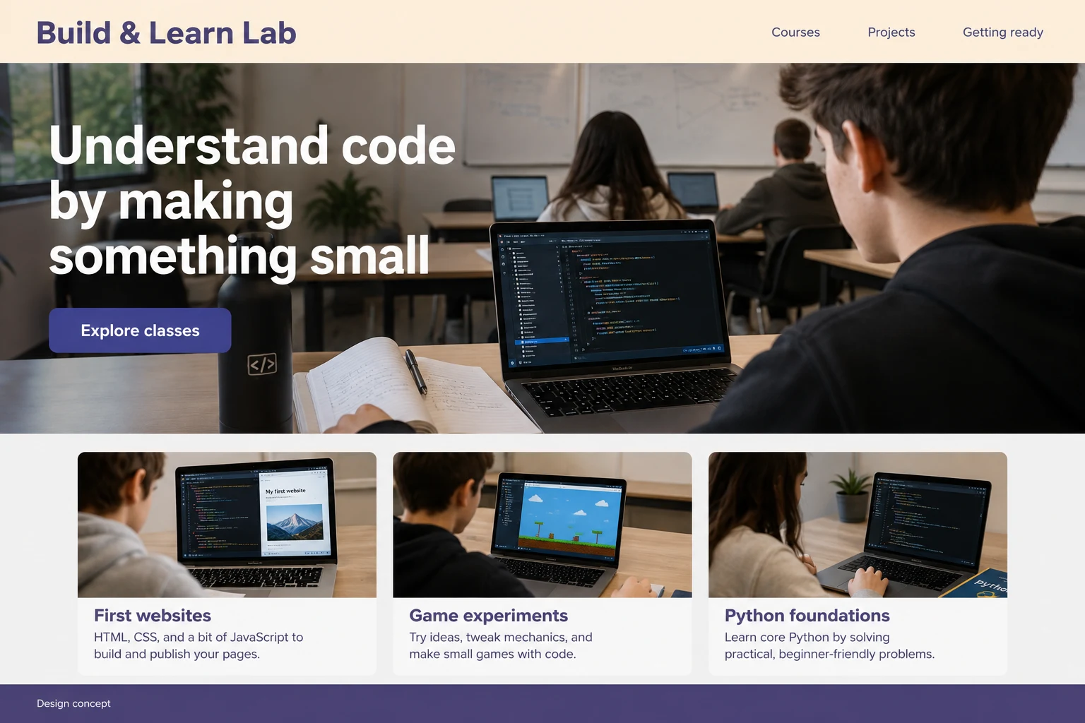 Coding Classes website concept: Understand code by making something small; call to action: Explore classes