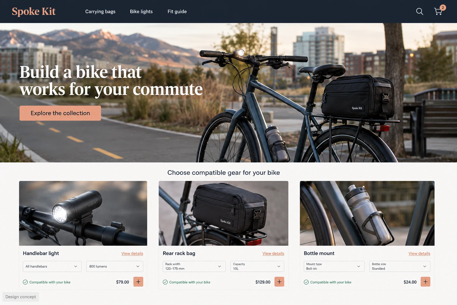 Colorado website concept: Build a bike that works for your commute; call to action: Explore the collection