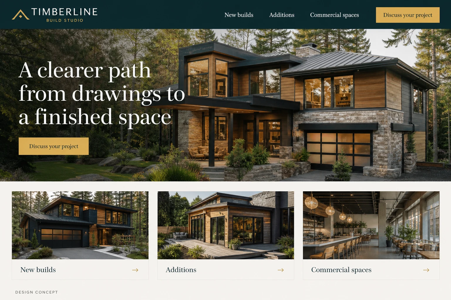 Construction website concept: A clearer path from drawings to a finished space; call to action: Discuss your project