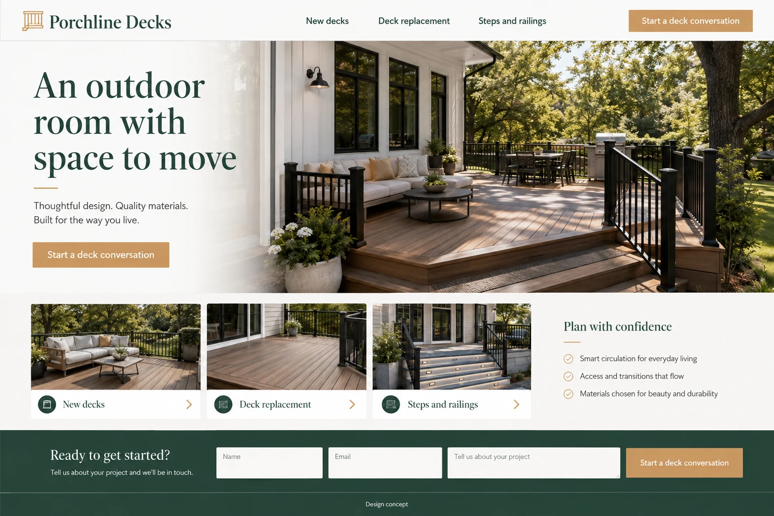 Deck Builders website concept: An outdoor room with space to move; call to action: Start a deck conversation