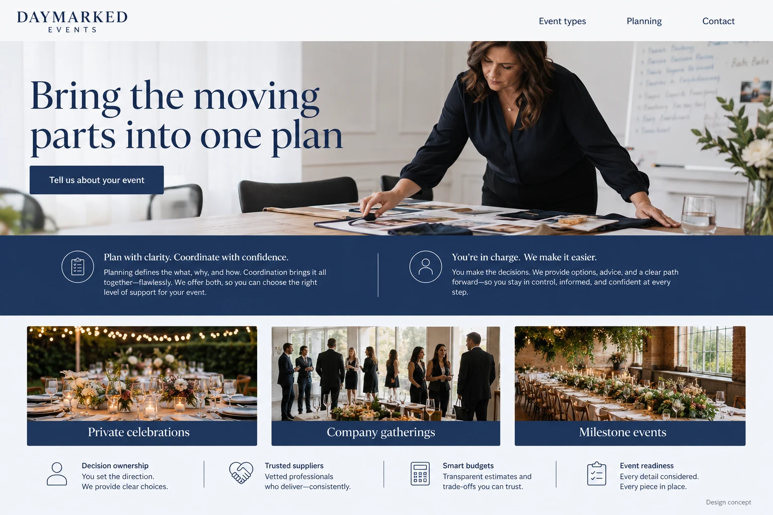 Event Planner website concept: Bring the moving parts into one plan; call to action: Tell us about your event