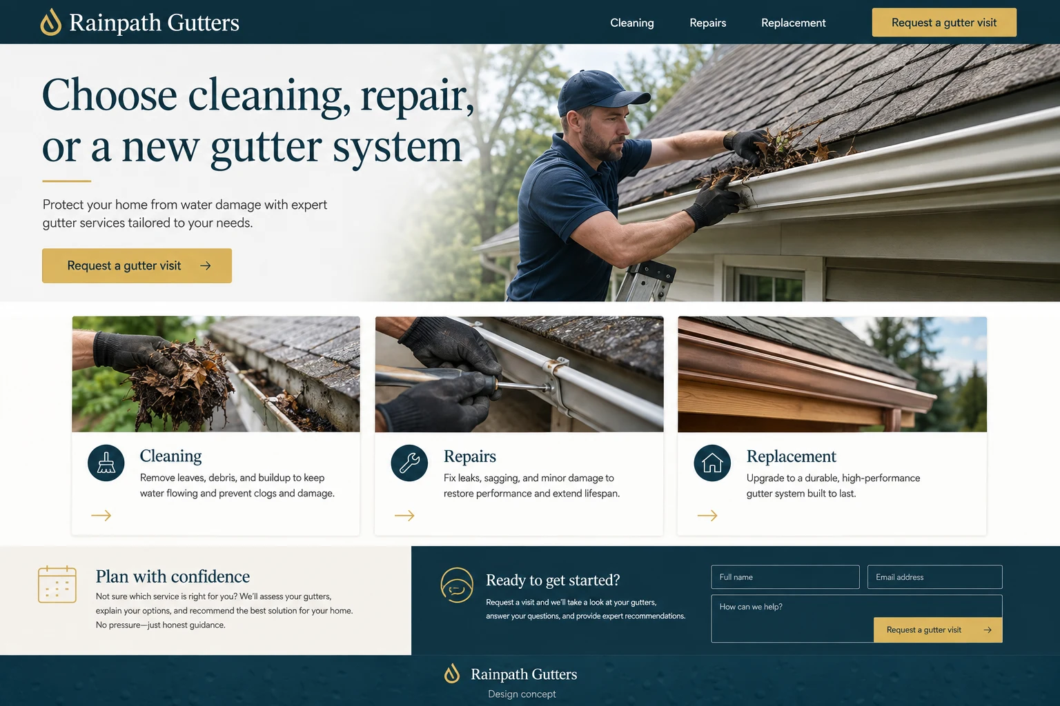 Gutter Services website concept: Choose cleaning, repair, or a new gutter system; call to action: Request a gutter visit