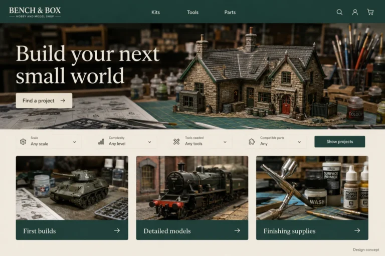 Illustrative Hobby and Model Shop Web Design concept