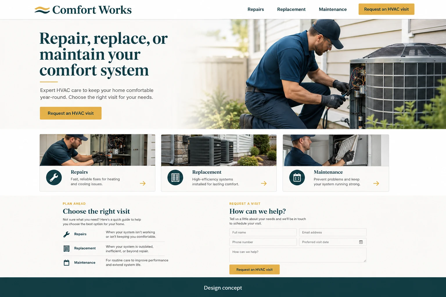 HVAC website concept: Repair, replace, or maintain your comfort system; call to action: Request an HVAC visit