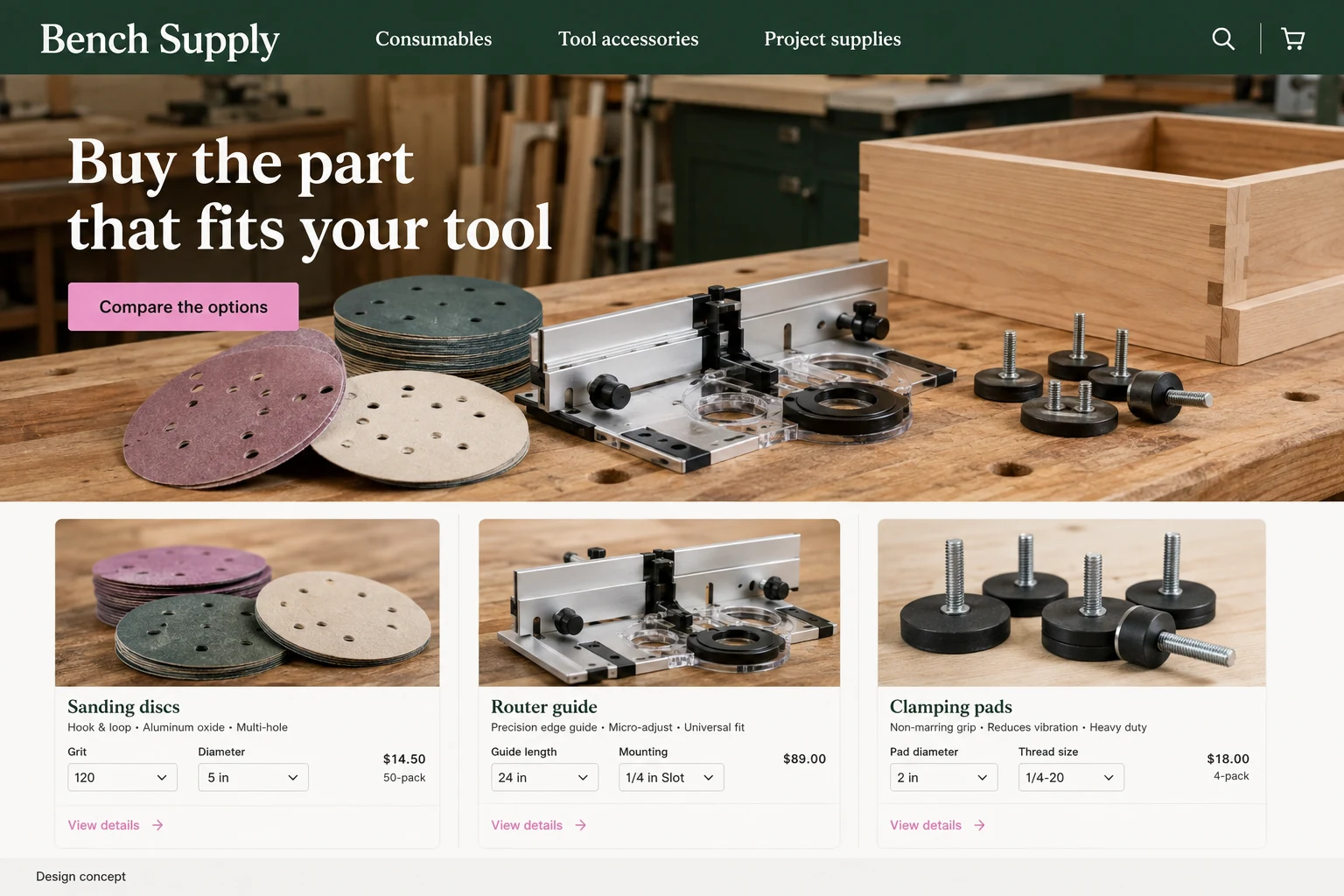 Indiana website concept: Buy the part that fits your tool; call to action: Compare the options