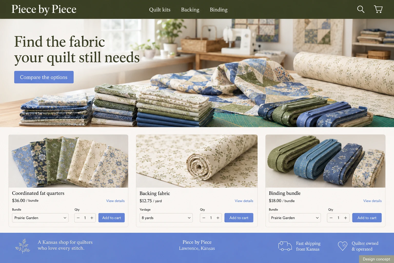 Kansas website concept: Find the fabric your quilt still needs; call to action: Compare the options
