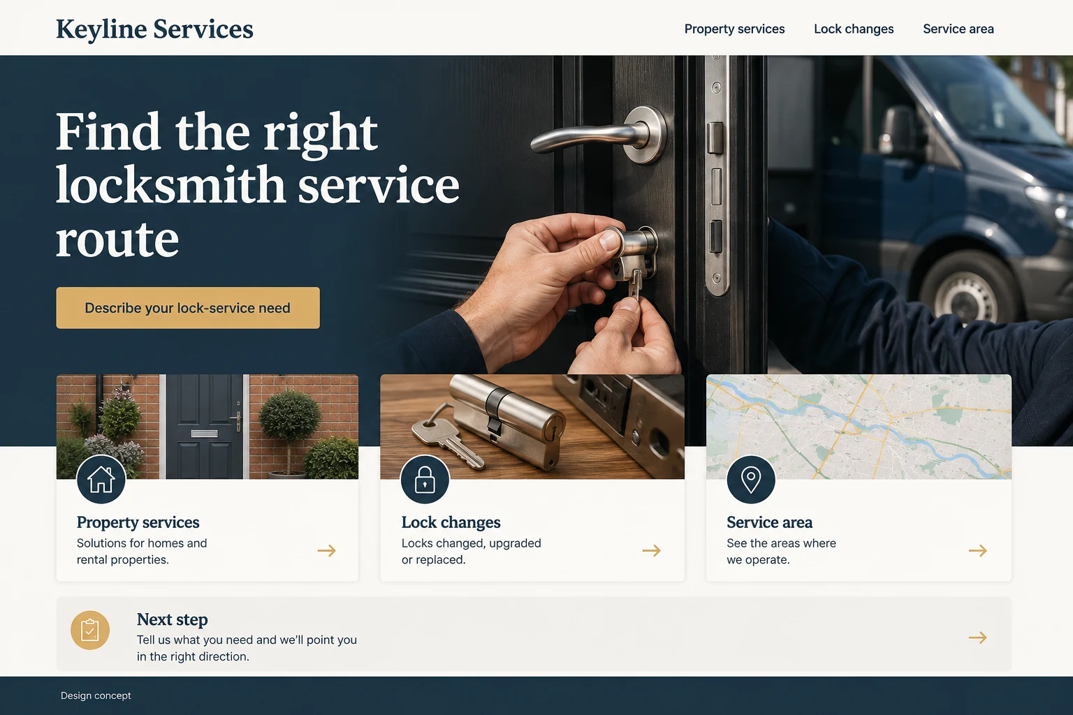 Locksmiths website concept: Find the right locksmith service route; call to action: Describe your lock-service need