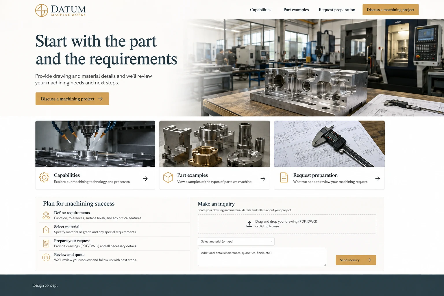 Machine Shops website concept: Start with the part and the requirements; call to action: Discuss a machining project