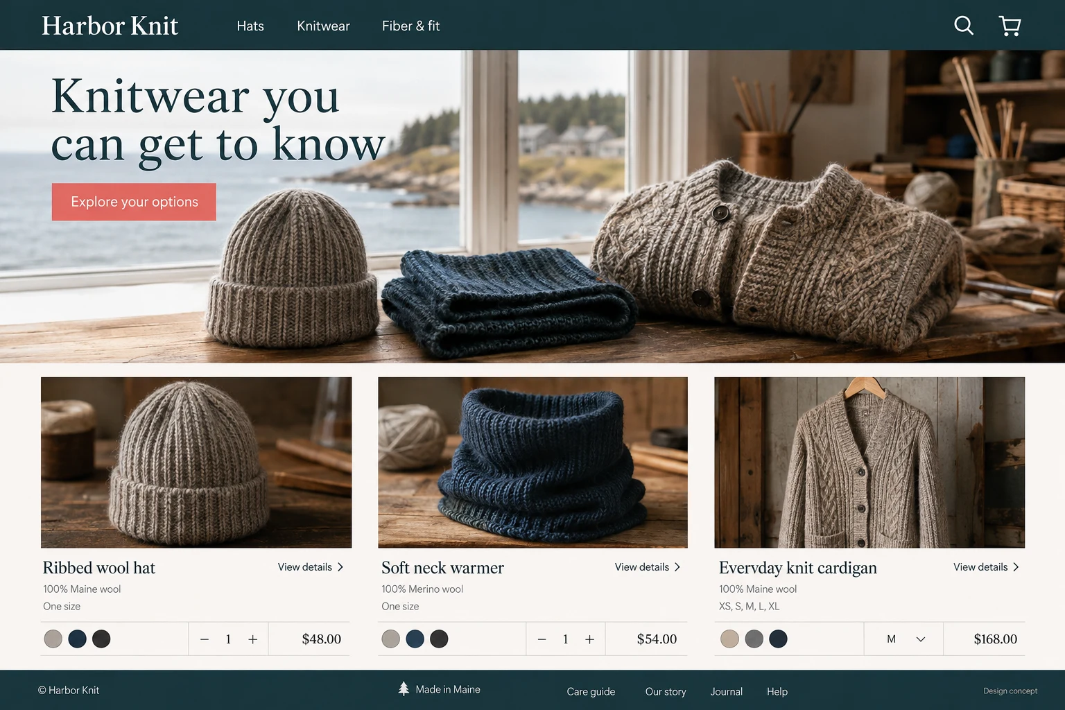 Maine website concept: Knitwear you can get to know; call to action: Explore your options