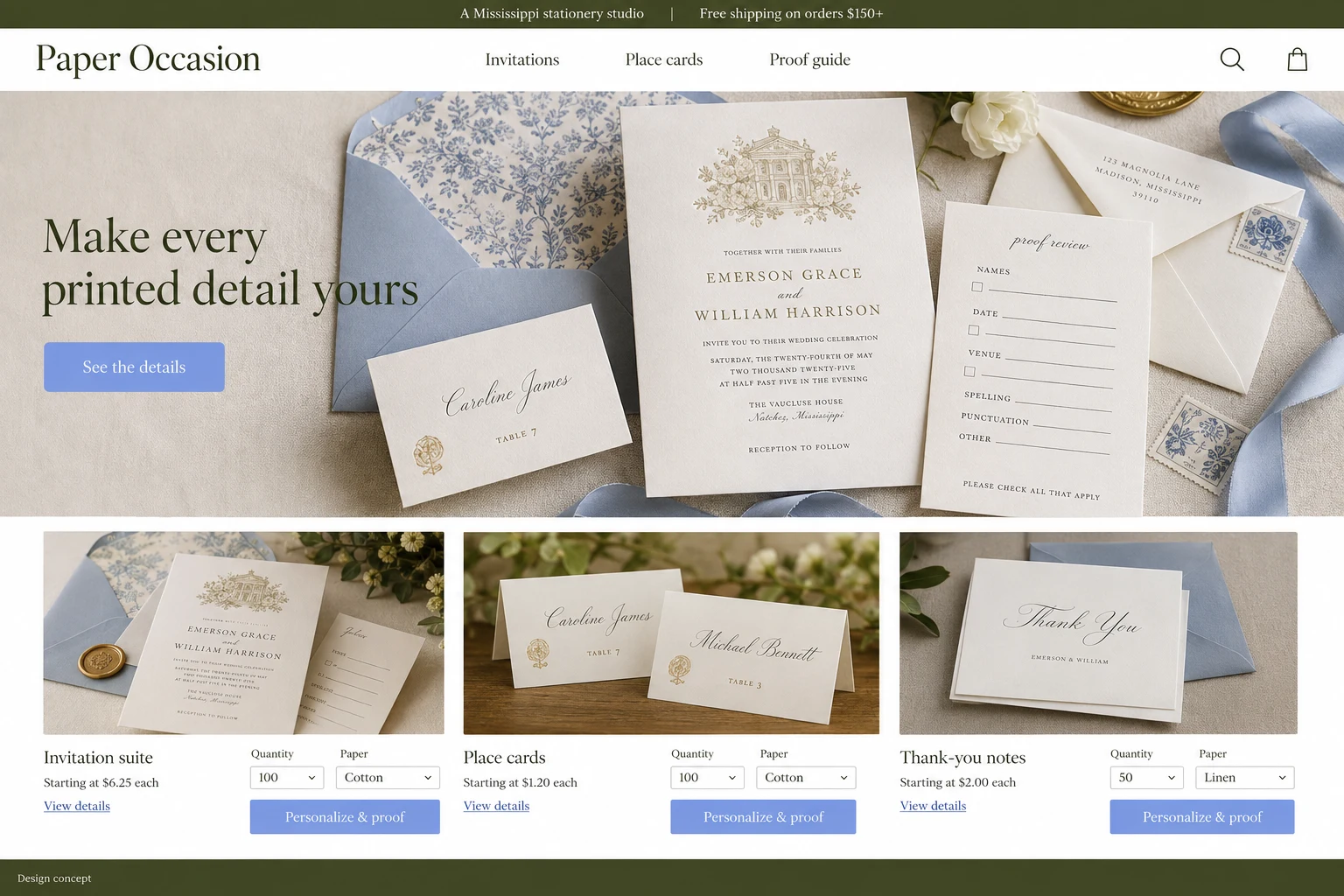 Mississippi website concept: Make every printed detail yours; call to action: See the details