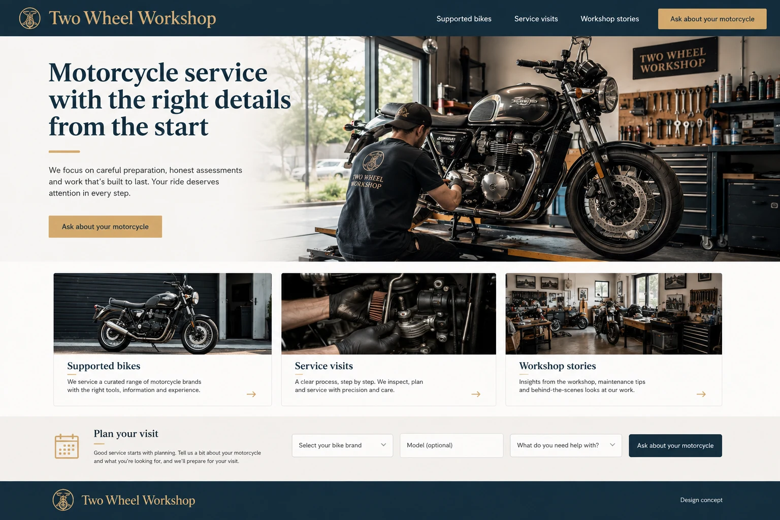 Motorcycle Repair website concept: Motorcycle service with the right details from the start; call to action: Ask about your motorcycle