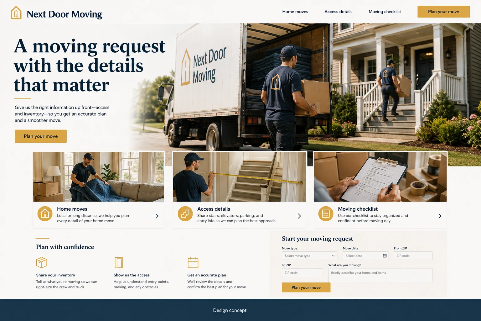 Moving Companies website concept: A moving request with the details that matter; call to action: Plan your move