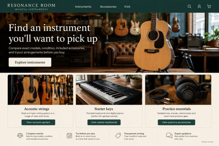 Illustrative Musical Instrument Store Web Design concept