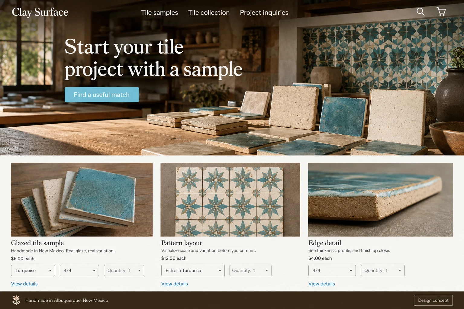 New Mexico website concept: Start your tile project with a sample; call to action: Find a useful match