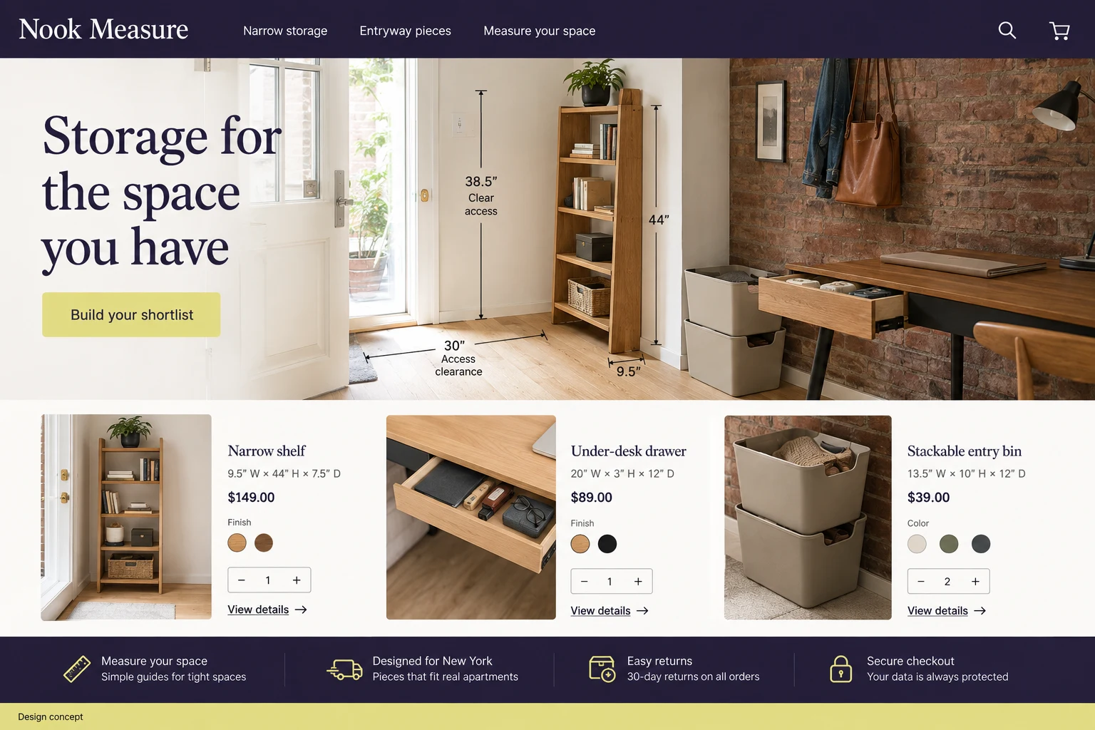 New York website concept: Storage for the space you have; call to action: Build your shortlist