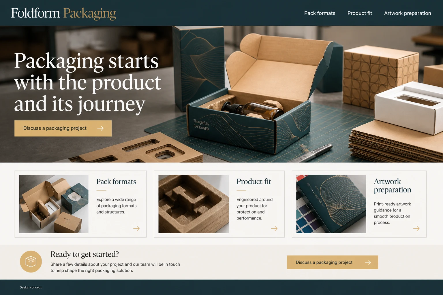 Packaging Manufacturers website concept: Packaging starts with the product and its journey; call to action: Discuss a packaging project