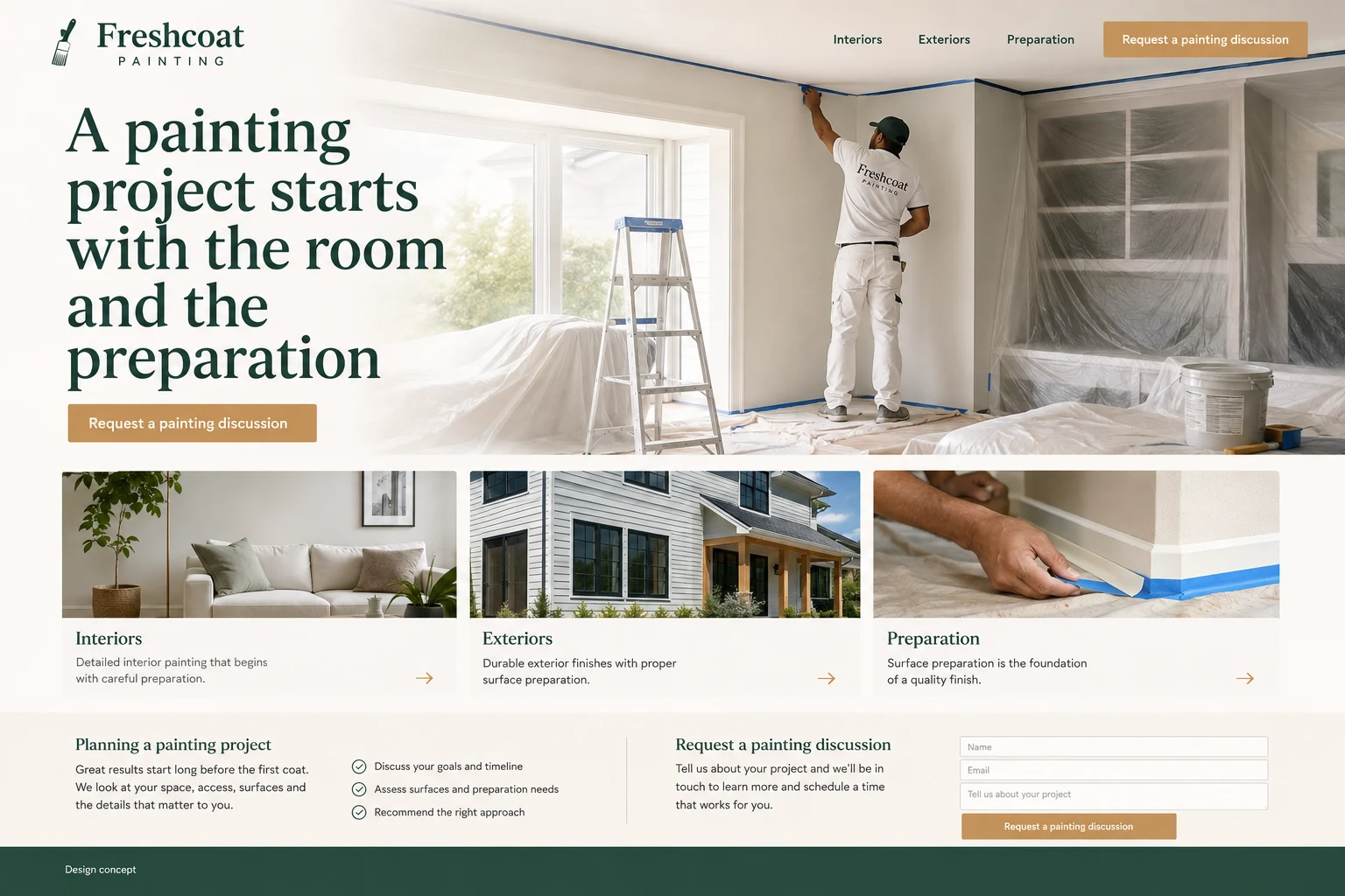 Painting Contractors website concept: A painting project starts with the room and the preparation; call to action: Request a painting discussion