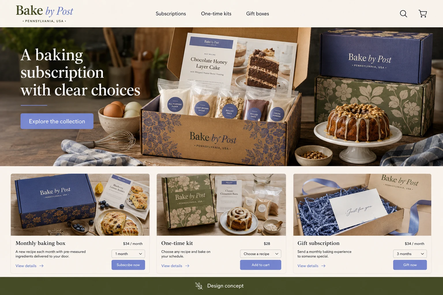 Pennsylvania website concept: A baking subscription with clear choices; call to action: Explore the collection