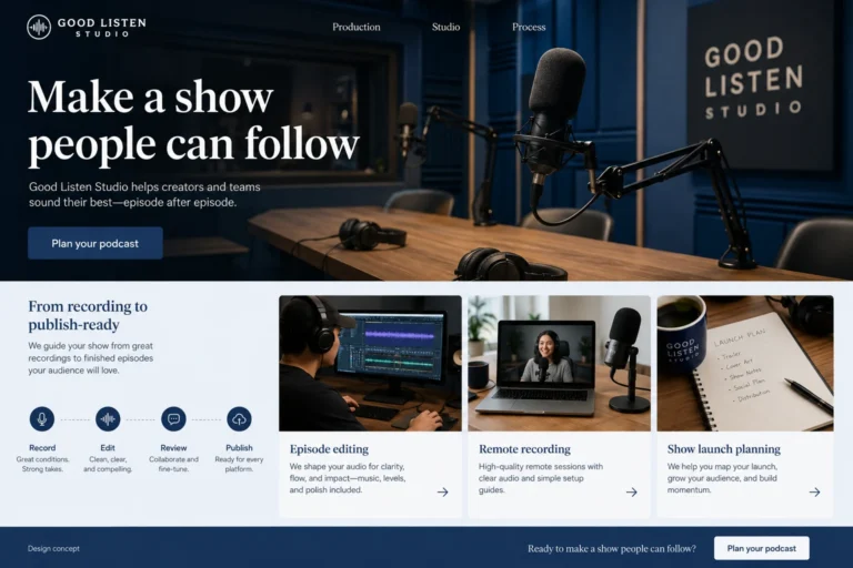Illustrative Podcast Production Studio Web Design concept
