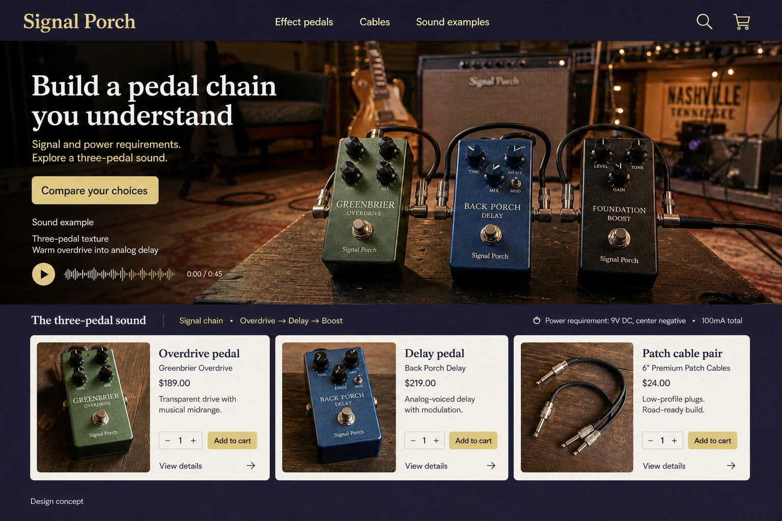 Tennessee website concept: Build a pedal chain you understand; call to action: Compare your choices