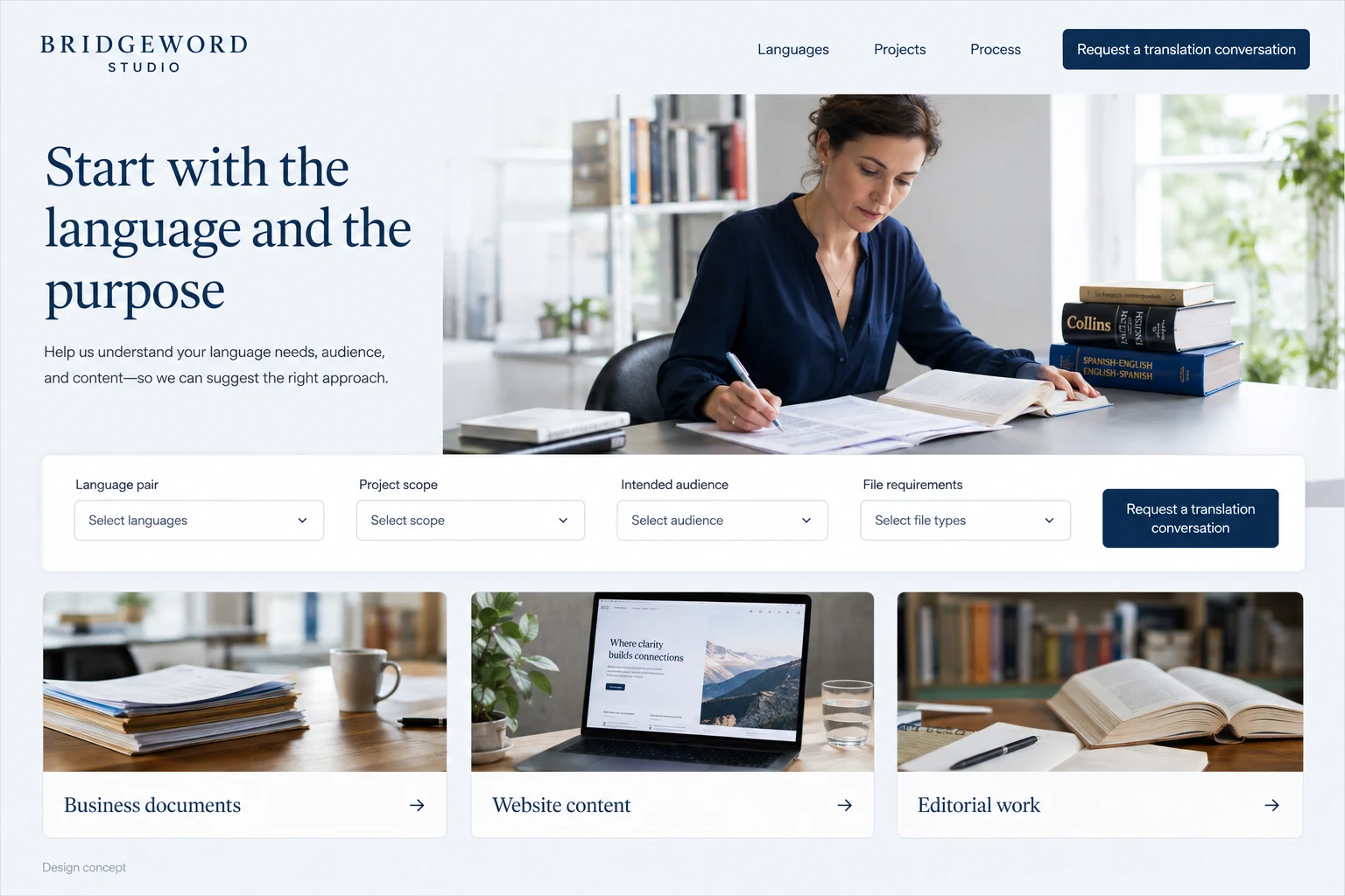 Translator website concept: Start with the language and the purpose; call to action: Request a translation conversation