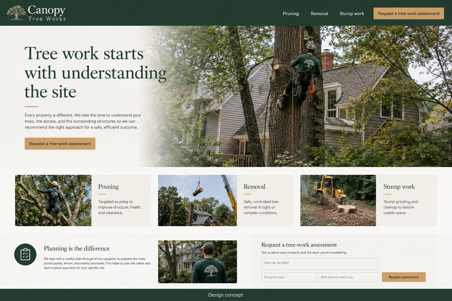 Tree Services website concept: Tree work starts with understanding the site; call to action: Request a tree-work assessment