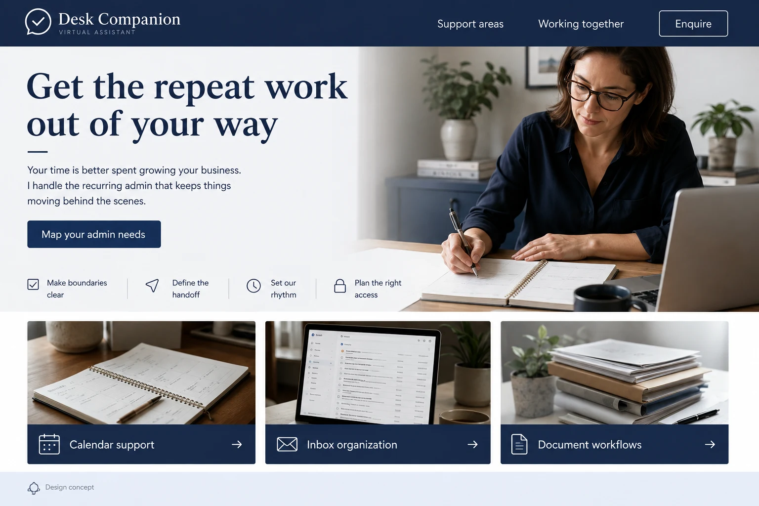 Virtual Assistant website concept: Get the repeat work out of your way; call to action: Map your admin needs