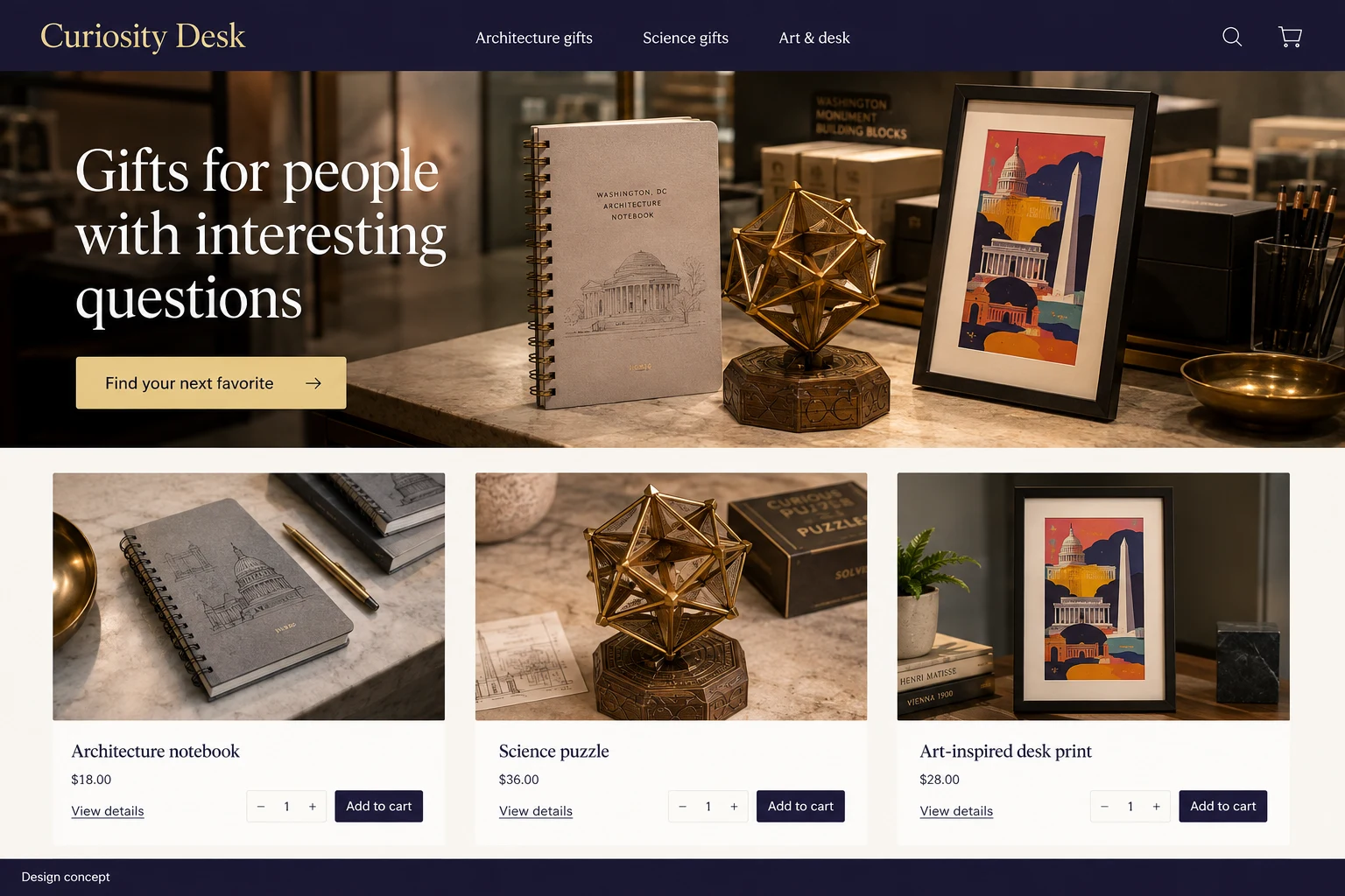 Washington DC website concept: Gifts for people with interesting questions; call to action: Find your next favorite