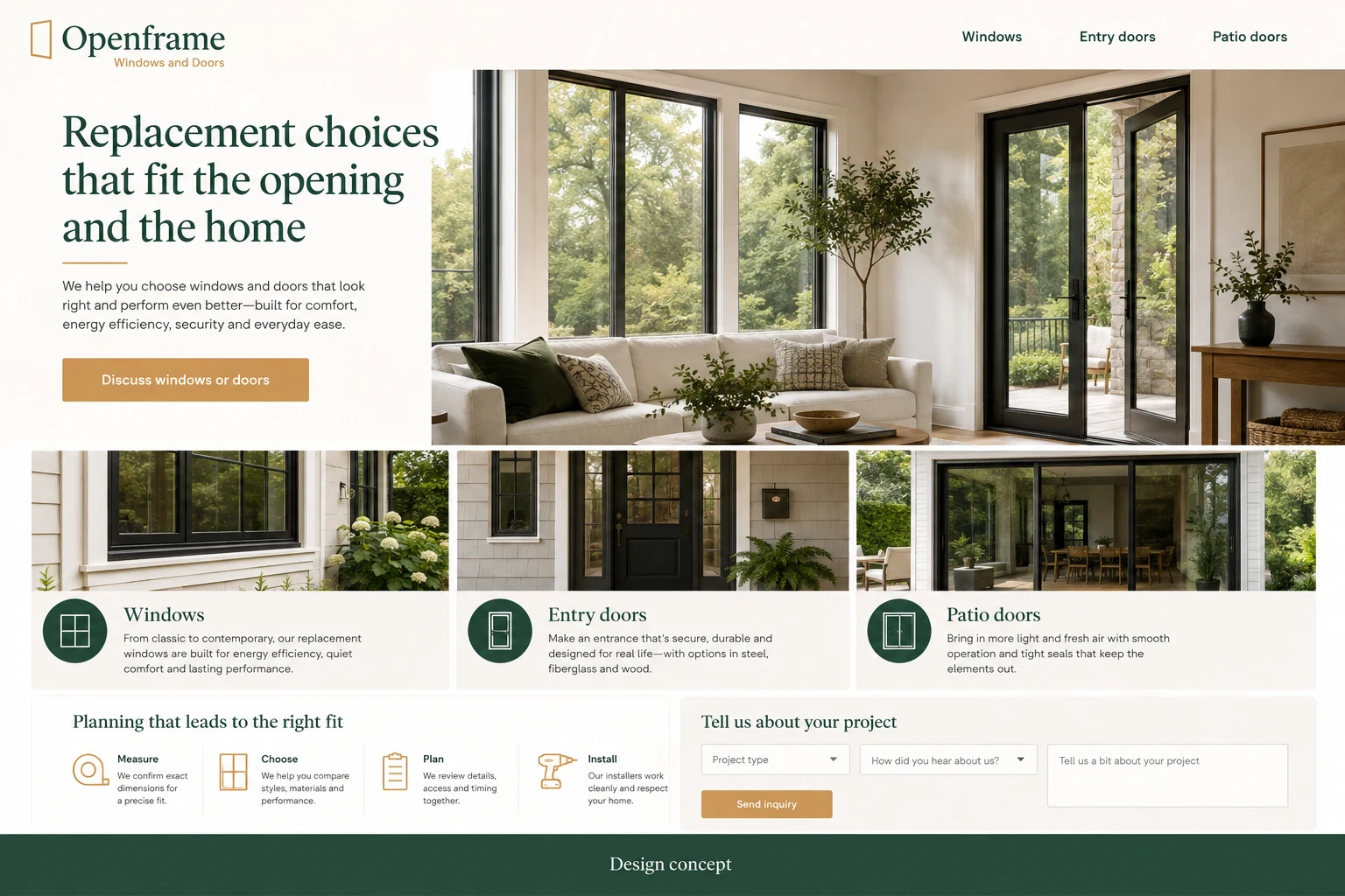 Window and Door Installation website concept: Replacement choices that fit the opening and the home; call to action: Discuss windows or doors