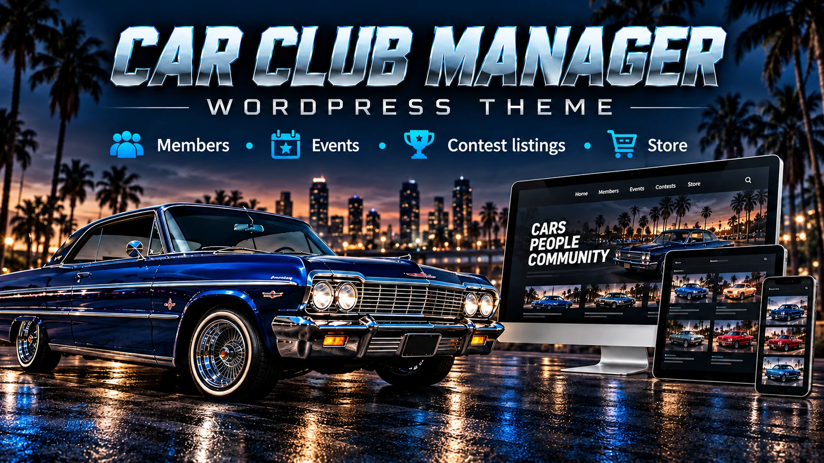 Car Club Manager WordPress theme showing member cars and club pages on desktop, tablet, and phone