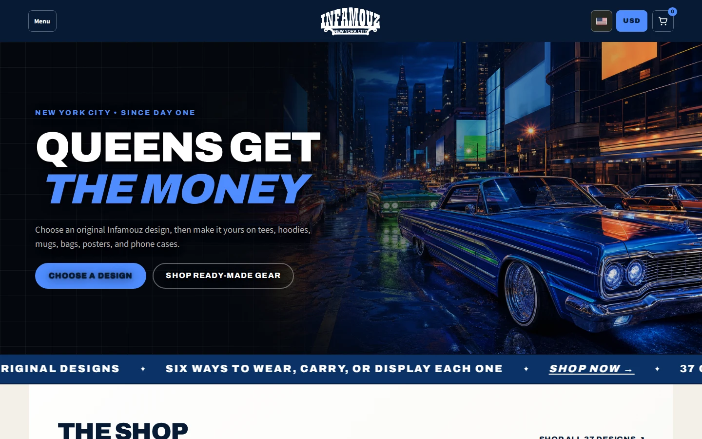 Infamouz Car Club live homepage, with its New York car-club hero and store, displayed in a laptop